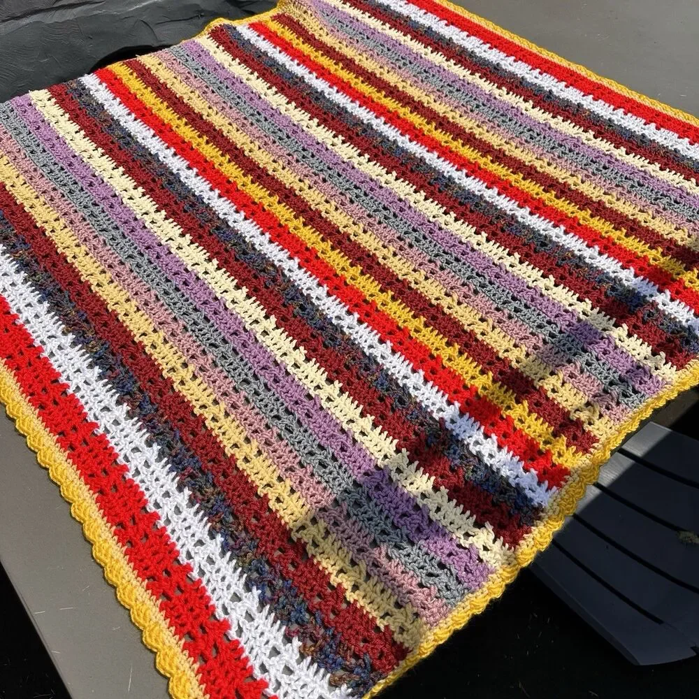 Handmade Crocheted Striped Multicolor Throw Blanket 43x43 in Grandmacore Cottage